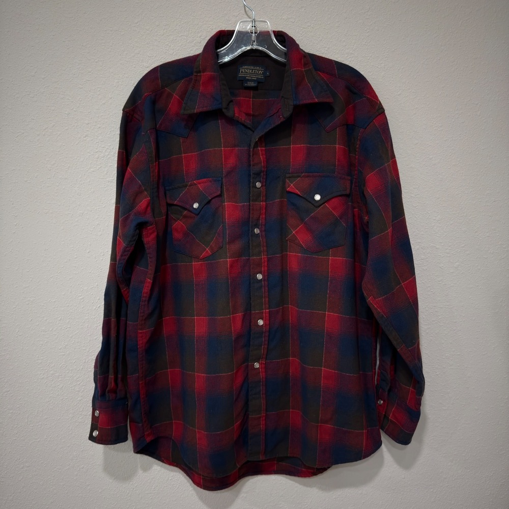 Pendleton Western Wear Shirt Large Red Plaid Wool Cowboy Ranch Style Pearl Snap